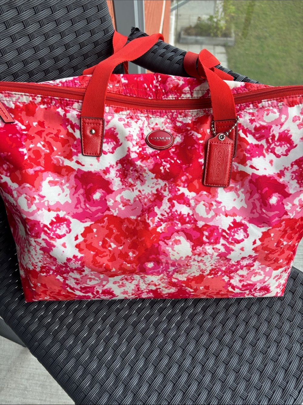 Coach F31441 Red and Pink Floral Canvas Tote with detachable pouch